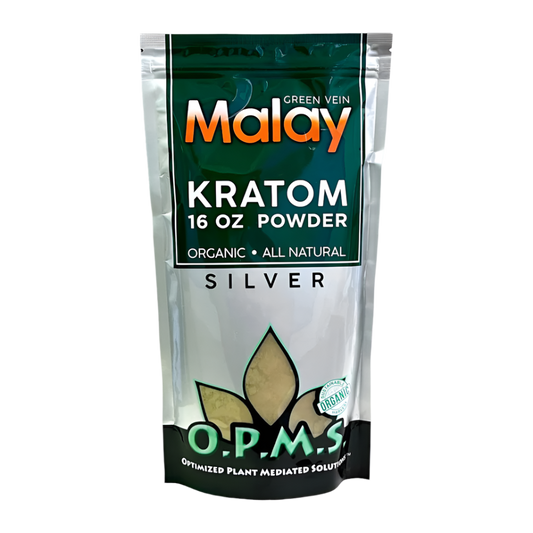 O.P.M.S. SILVER KRATOM POWDER 16OZ - MALAY GREEN VEIN - Seven Tech
