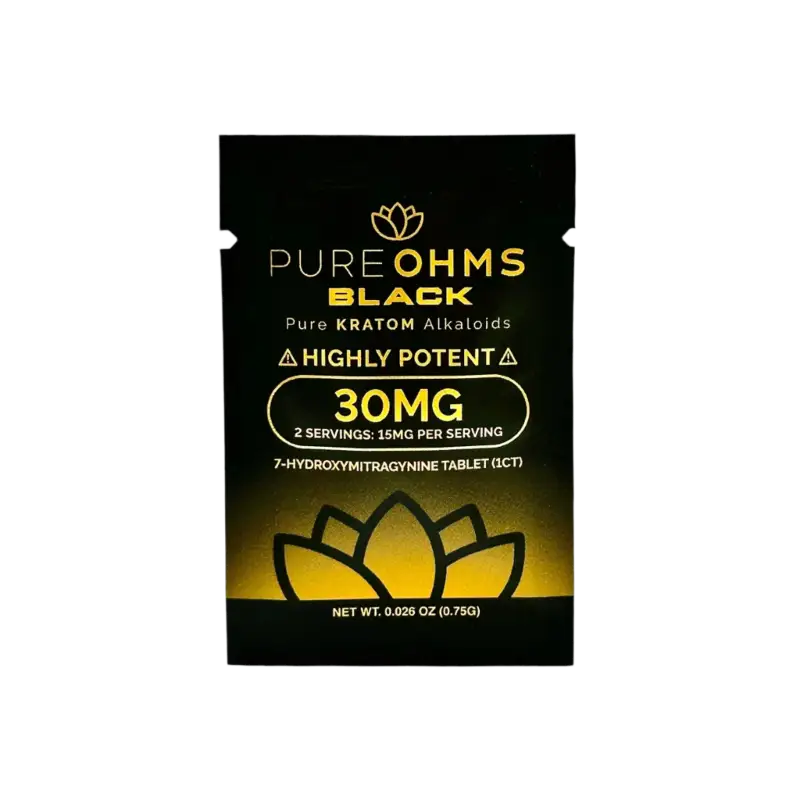 A black and gold product package for Pure OHMS Black Kratom alkaloids labeled as 30mg potency.