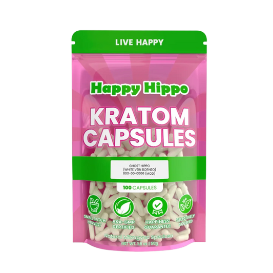 HAPPY HIPPO KRATOM CAPSULE 100CT / 50G / 1.8OZ - GHOST HIPPO / BORNEO WHITE VEIN - Seven Tech