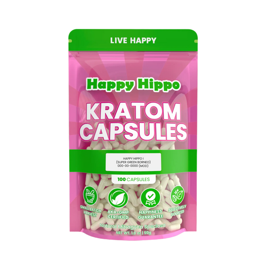 HAPPY HIPPO KRATOM CAPSULE 100CT / 50G / 1.8OZ - HAPPY HIPPO I / BORNEO GREEN VEIN - Seven Tech