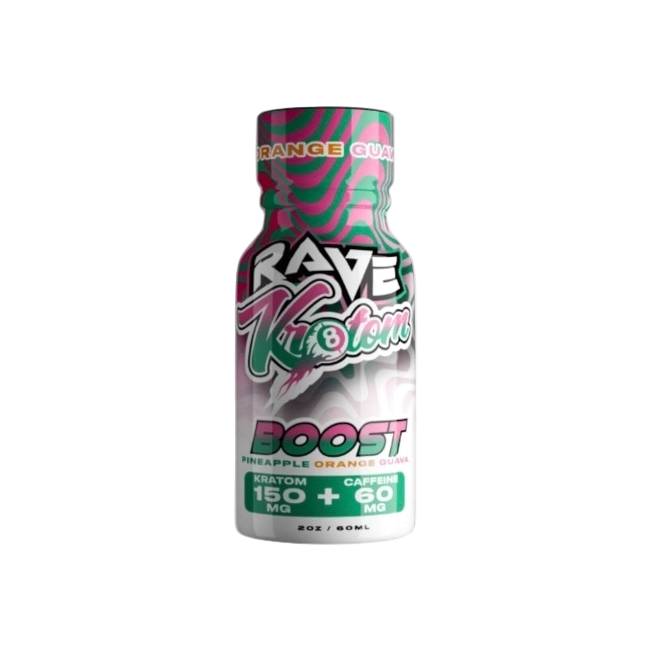 RAVE KRATOM BOOST 2OZ - PINEAPPLE ORANGE GUAVA (KRATOM 1500MG + CAFFEINE 60MG)