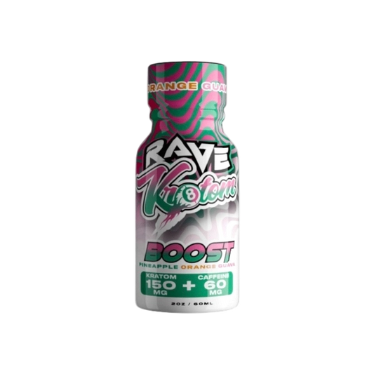 RAVE KRATOM BOOST 2OZ - PINEAPPLE ORANGE GUAVA (KRATOM 1500MG + CAFFEINE 60MG)