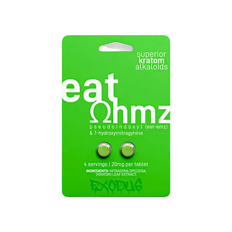 A green blister pack containing two tablets labeled ’eat ohmz’ with kratom alkaloids.