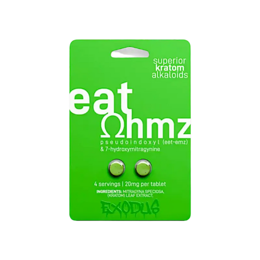 A green blister pack containing two tablets labeled ’eat ohmz’ with kratom alkaloids.