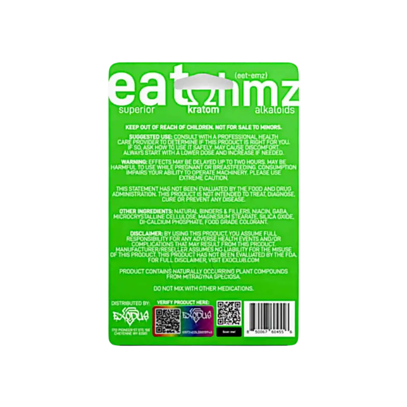 Green product label with ’eatmmz’ branding and ingredient information.