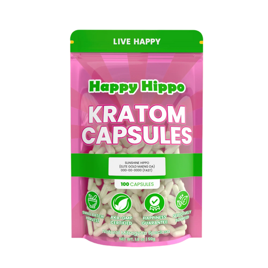 HAPPY HIPPO KRATOM CAPSULE 100CT / 50G / 1.8OZ - SUNSHINE HIPPO / MAENG DA YELLOW VEIN - Seven Tech