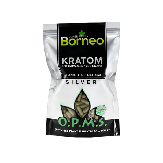 O.P.M.S. SILVER KRATOM CAPSULES 480CT / 288G / 10.16OZ - BORNEO SUPER GREEN VEIN - Seven Tech