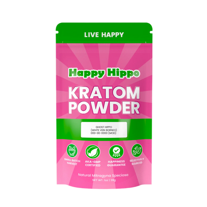 HAPPY HIPPO KRATOM POWDER 1123G / 4OZ - GHOST HIPPO / BORNEO WHITE VEIN - Seven Tech