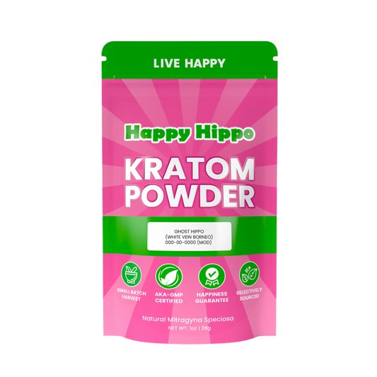 HAPPY HIPPO KRATOM POWDER 1123G / 4OZ - GHOST HIPPO / BORNEO WHITE VEIN - Seven Tech