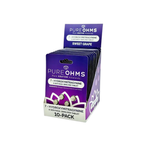 Purple box of Pure Ohms 7-Hydroxymitragynine sweet grape flavored supplements in a 10-pack.