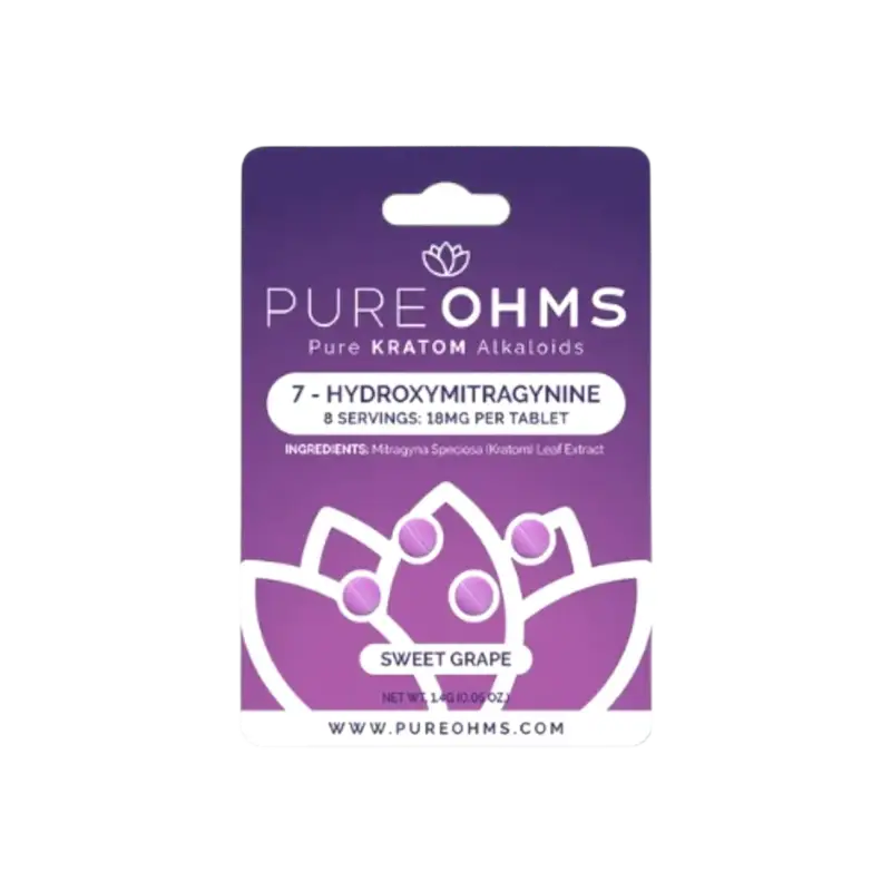 A purple product package for Pure Ohms 7-hydroxymitragynine kratom tablets in sweet grape flavor.