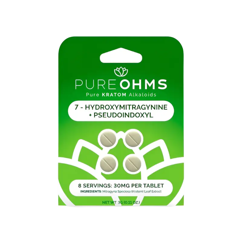 A green product package for Pure Ohms kratom alkaloid tablets.