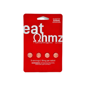 Red blister pack containing 4 round tablets labeled ’eat Ohmz’