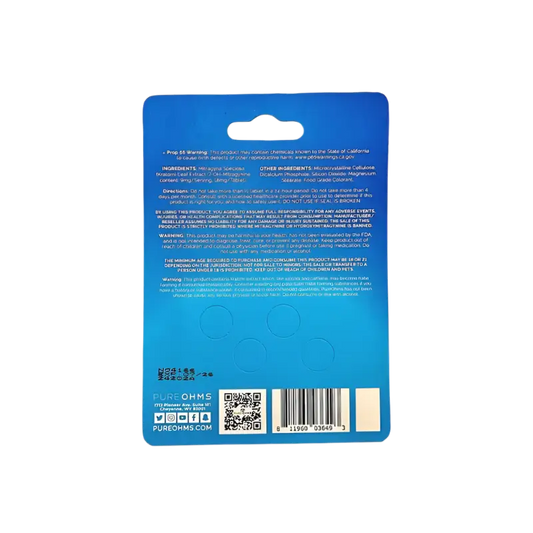 Blue retail product packaging card with text and QR codes on the back.