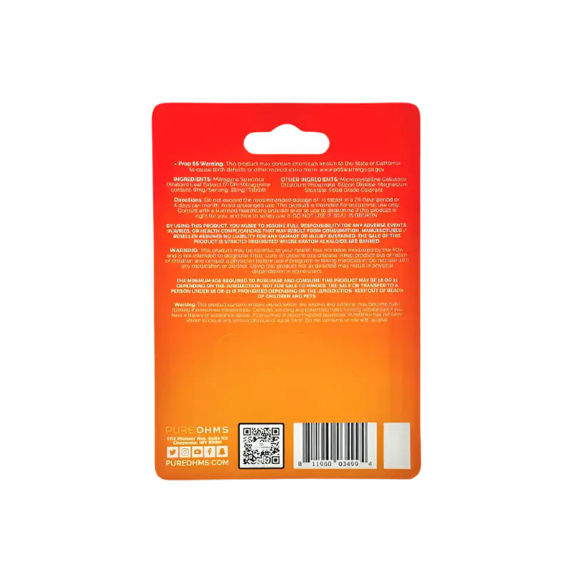 Red and orange product packaging card with text and a barcode.