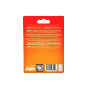 Red and orange product packaging card with text and a barcode.