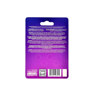 Purple retail product packaging card with text and a QR code on the back.