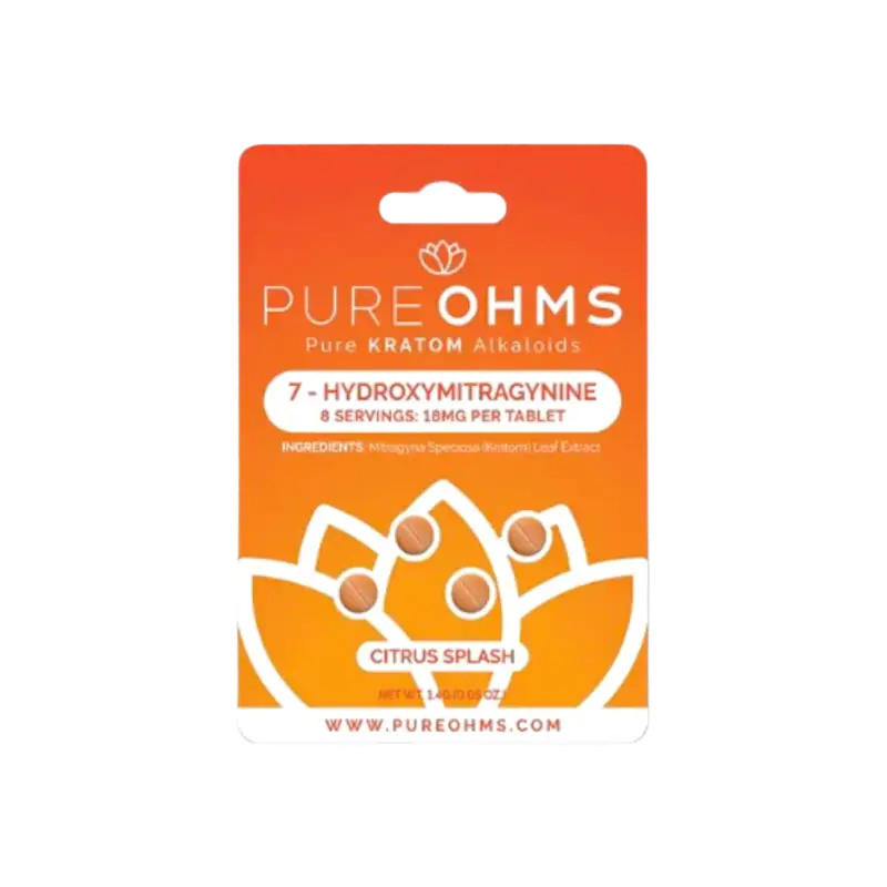 An orange product package for Pure Ohms 7-hydroxymitragynine citrus splash tablets.