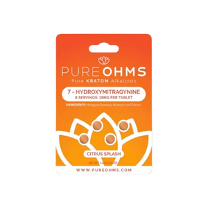 An orange product package for Pure Ohms 7-hydroxymitragynine citrus splash tablets.