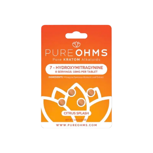 An orange product package for Pure Ohms 7-hydroxymitragynine citrus splash tablets.