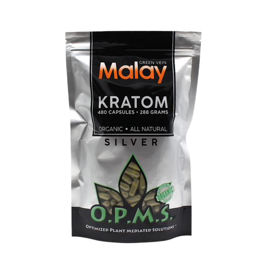 O.P.M.S. SILVER KRATOM CAPSULES 480CT / 288G / 10.16OZ - MALAY GREEN VEIN - Seven Tech
