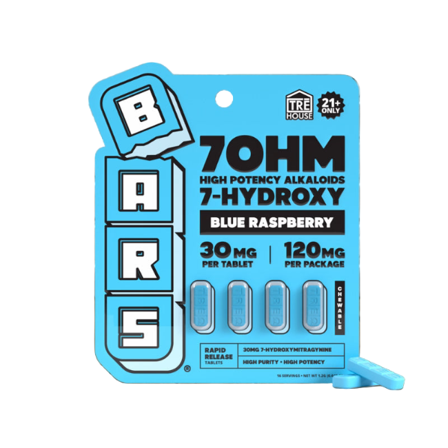 TRE House BARS 7-Hydroxy Blue Raspberry 120mg 4ct 30mg Per Tablet