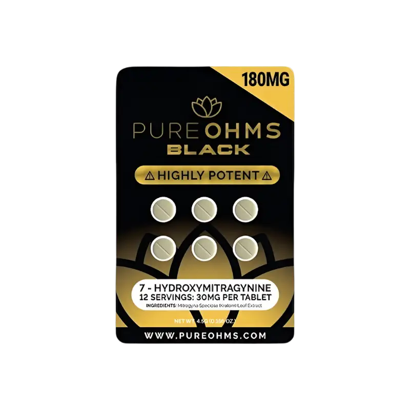 Pure Ohms Black 7-hydroxymitragynine tablets.