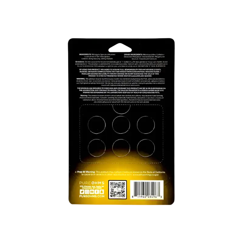 Black blister pack with circular compartments.