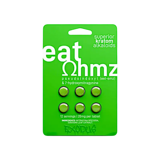 Green blister pack containing 6 round tablets labeled ’eat ohmz’