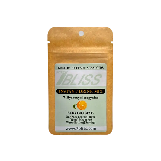 Gold-colored resealable pouch containing kratom extract drink mix powder.