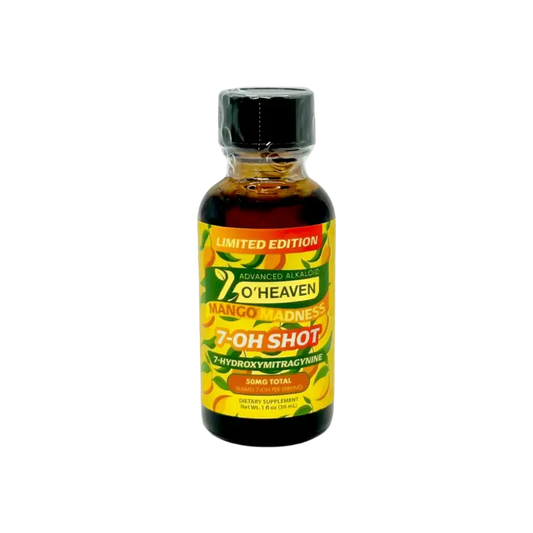 Mango-flavored 7-OH shot in a bottle.