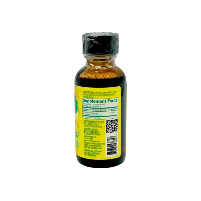 Amber liquid supplement bottle.