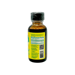 Amber liquid supplement bottle.