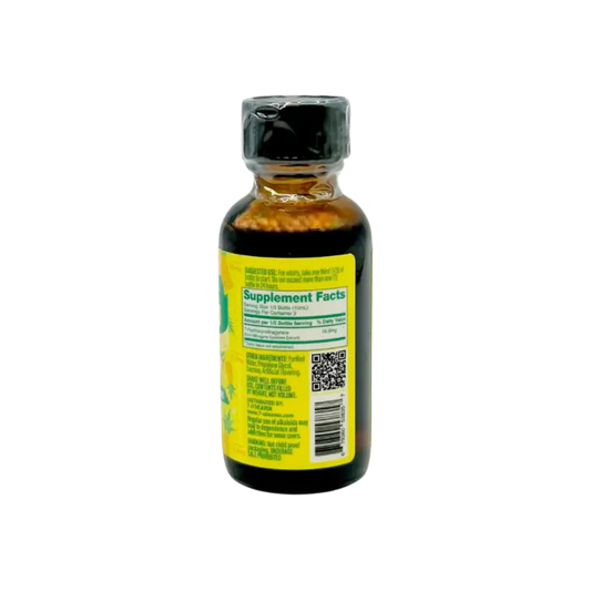 Amber liquid supplement bottle.