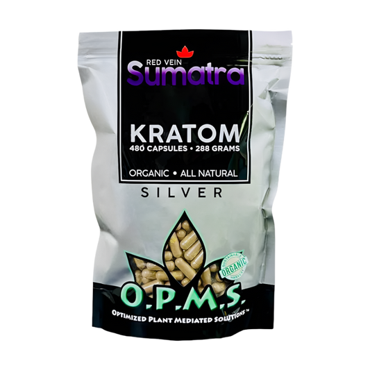 O.P.M.S. SILVER KRATOM CAPSULES 480CT / 288G / 10.16OZ - SUMATRA RED VEIN - Seven Tech