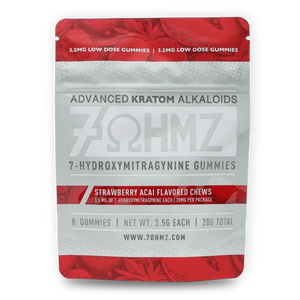 Red and white resealable pouch containing Zōhmz brand kratom alkaloid gummies.