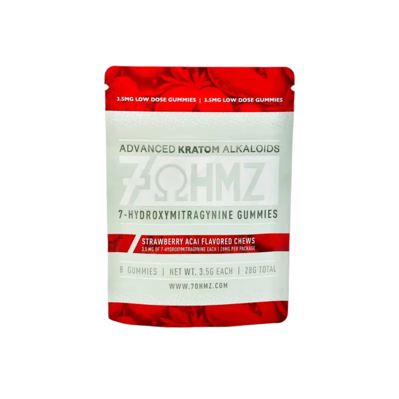 Red and white package of 7-hydroxymitragynine kratom gummies with strawberry acai flavor.