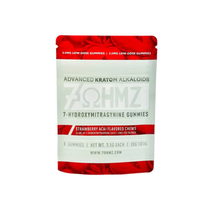 Red and white package of 7-hydroxymitragynine kratom gummies with strawberry acai flavor.