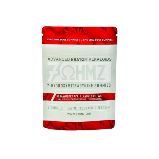 Red and white package of 7-hydroxymitragynine kratom gummies with strawberry acai flavor.