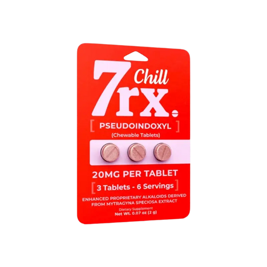 Red blister pack containing 3 tablets labeled ’7rx Chill Pseudoindoxyl 20mg’.