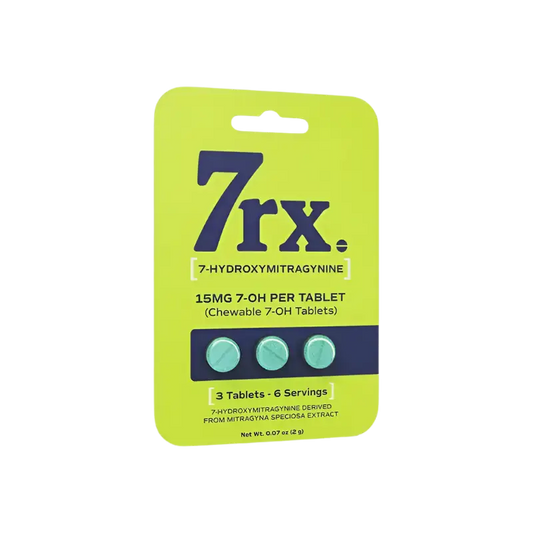 A yellow-green blister pack containing three blue-green tablets labeled ’7rx’ with dosage information.