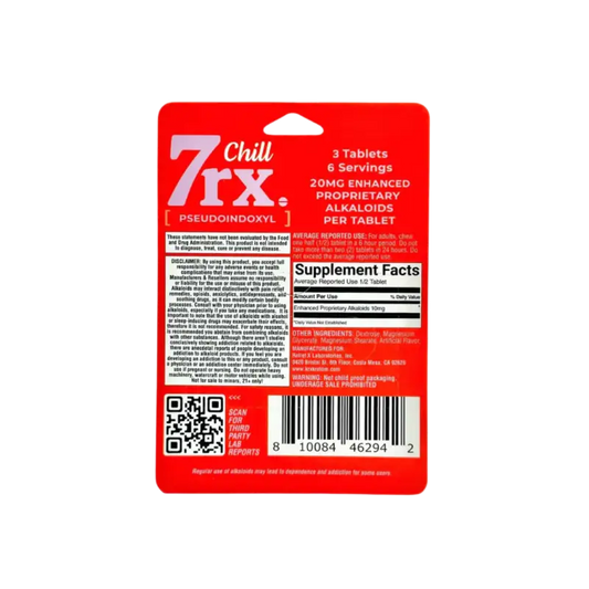 Red blister pack of ’7rx Chill’ supplement tablets with product information and a QR code.