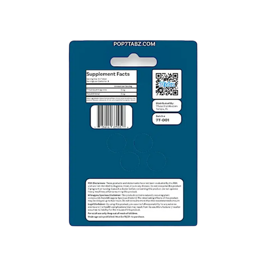 Blue product packaging card with a QR code, barcode, and supplement facts label.