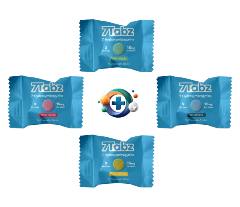 Four blue wrapped 7Labz supplement tablets arranged around a colorful medical cross logo.