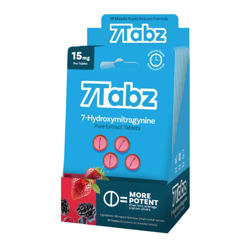 Blue product box labeled ’7Tabz’ containing 7-Hydroxymitragynine with berry flavoring.