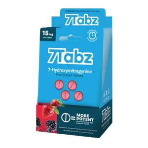 Blue product box labeled ’7Tabz’ containing 7-Hydroxymitragynine with berry flavoring.