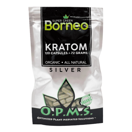 O.P.M.S. SILVER KRATOM CAPSULES 120CT / 72G / 2.54OZ - BORNEO SUPER GREEN VEIN - Seven Tech