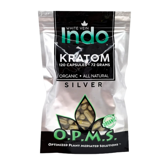 O.P.M.S. SILVER KRATOM CAPSULES 120CT / 72G / 2.54OZ - INDO WHITE VEIN - Seven Tech