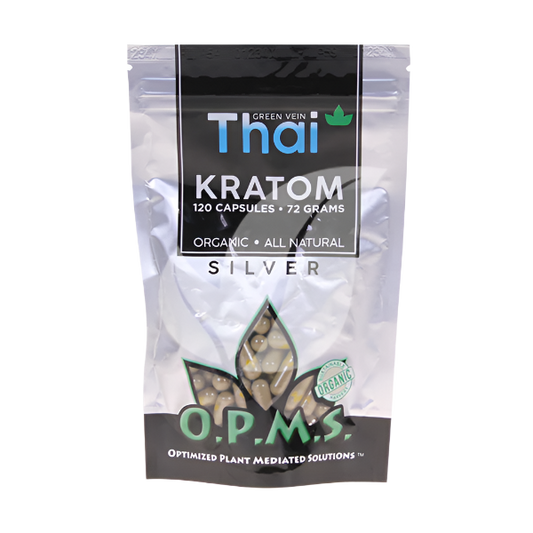 O.P.M.S. SILVER KRATOM CAPSULES 120CT / 72G / 2.54OZ - THAI GREEN VEIN - Seven Tech