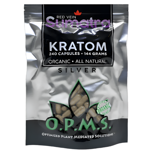 O.P.M.S. SILVER KRATOM CAPSULES 240CT / 144G / 5.08OZ - SUMATRA RED VEIN - Seven Tech